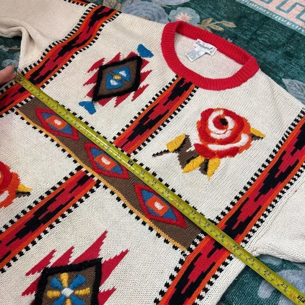 Emminent Womens Folk Art Embroidered vintage Crewneck Sweater Southwesterb Large